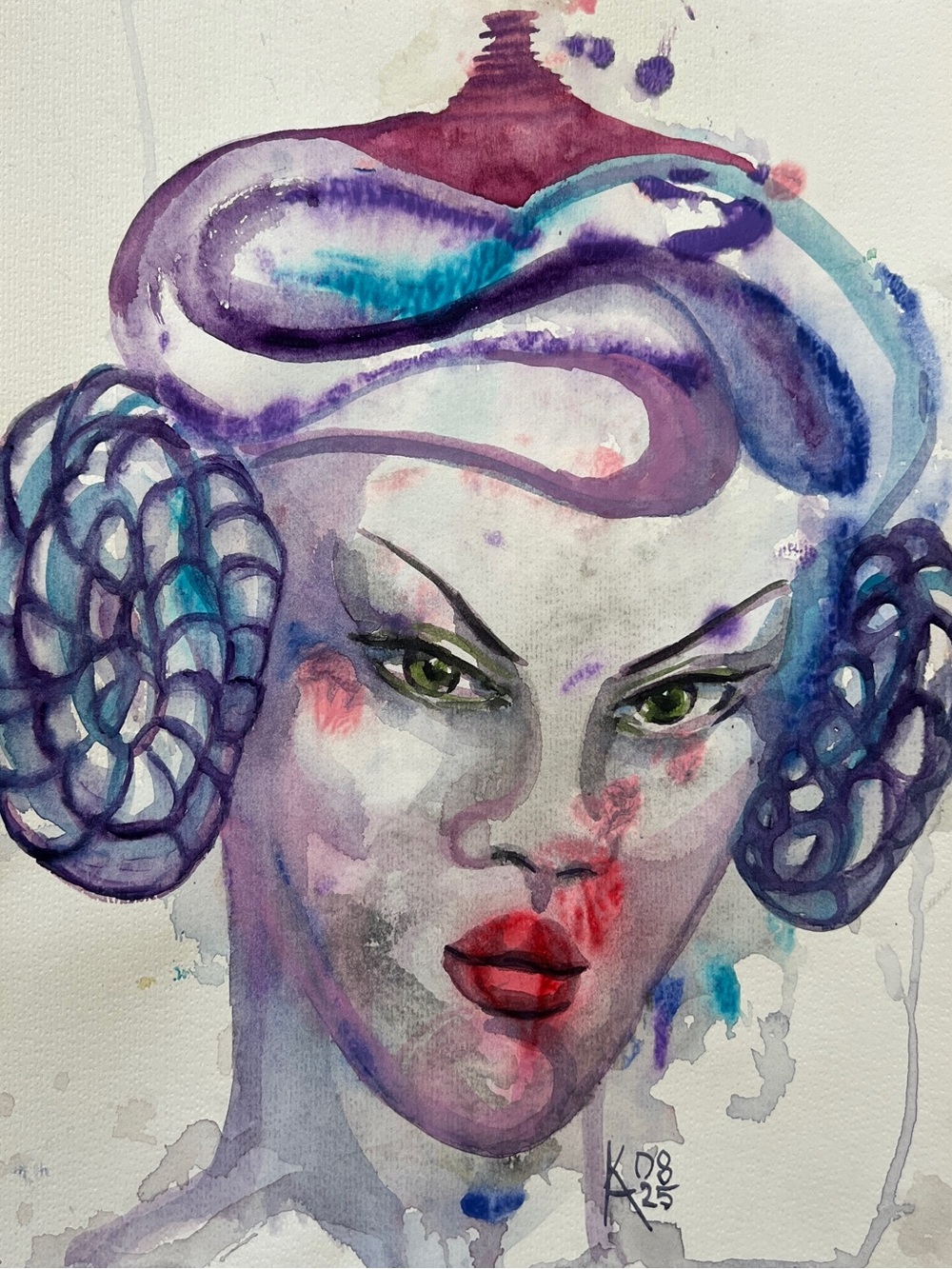 Purple Watercolor Face Art painting-original art 11x14 inches